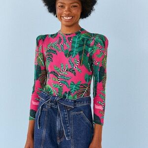 Farm Rio Pink Leaves Tropical Leaf Print Long Sleeve Bodysuit
